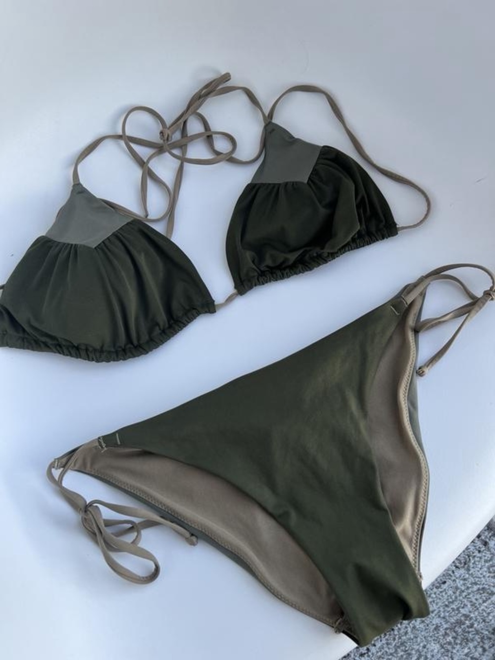 H&M Olive Green and Taupe Two-Piece Tie Bikini